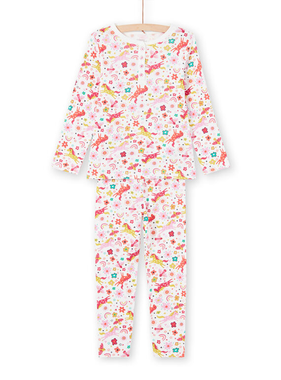 Set pigiama t-shirt e pantaloni rosa ed ecrù stampa unicorni e fantasia bambina MEFAPYJUNI / 21WH1186PYJ001