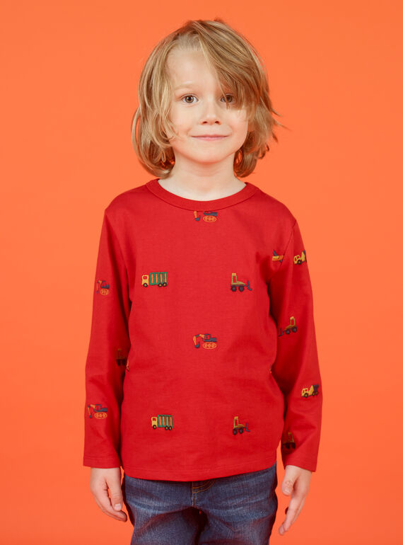 T-shirt a maniche lunghe rossa con stampa auto, trattori e elicotteri bambino MOCOTEE2 / 21W902L4TMLF521