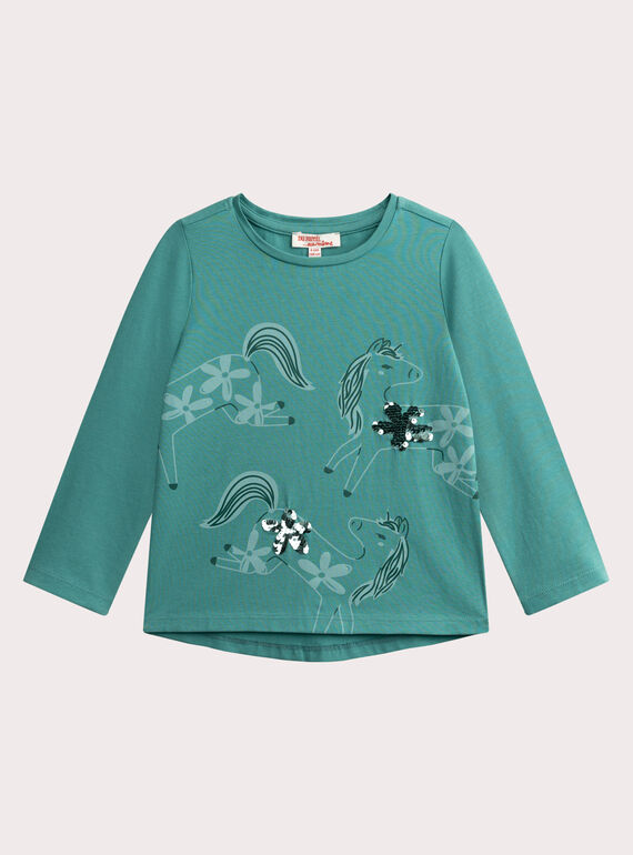T-shirt turchese stampa cavallo per ragazza  VAJOYTEE5 / 24W901I1TML215