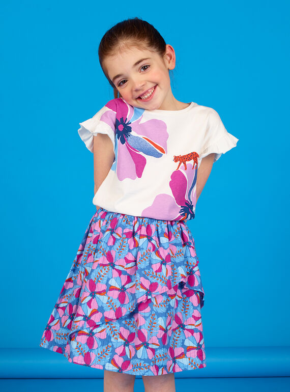T-shirt ecrù e rosa con stampa a fiori e leopardo in cotone LABLETI / 21S901J1TMC001