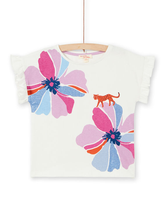 T-shirt ecrù e rosa con stampa a fiori e leopardo in cotone LABLETI / 21S901J1TMC001