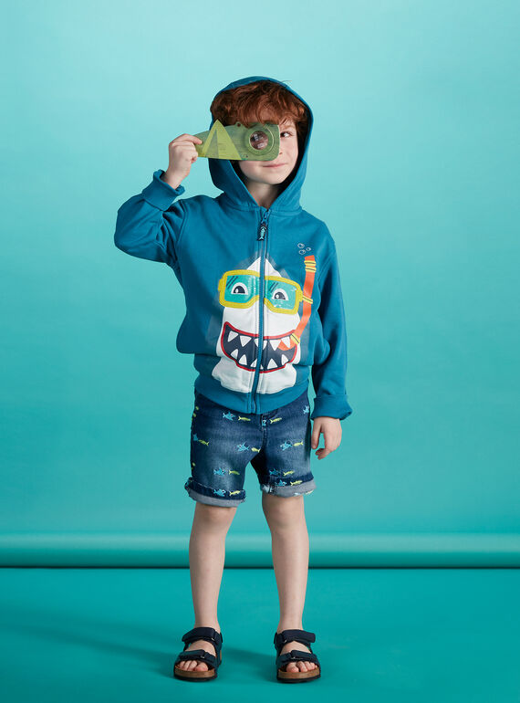 Cardigan felpato turchese scuro bambino con testa di squalo JOBOGIL / 20S902H1GILC219