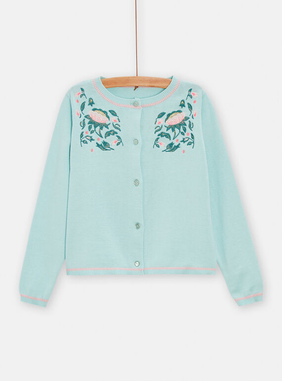 Cardigan verde acqua con ricami a fiori bambina TAJACAR / 24S90111CAR614