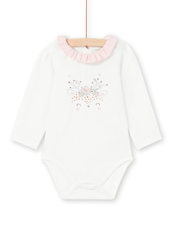 Body maniche lunghe ecrù con stampa colletto con volant neonata MOU1BOD4 / 21WF0341BOD001