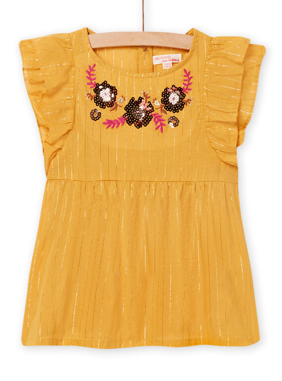 Camicia gialla in voile di cotone con ricami fiori bambina NABACHEM / 22S90111CHEB107