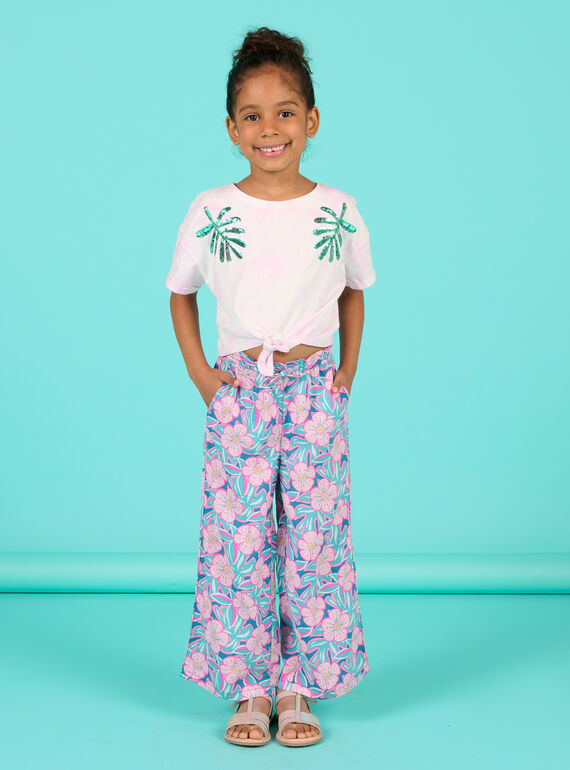 Pantaloni con stampa a fiori petrolio bambina NAFICPANT / 22S901U1PAN715