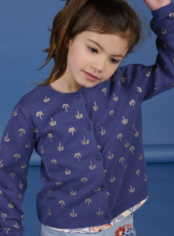 Cardigan blu oceano con stampa palma dorata bambina NASANCAR / 22S901S1CAR707