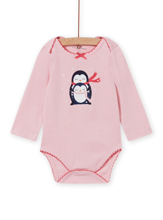 Body maniche lunghe rosa melange motivi pinguini neonata MEFIBODNEI / 21WH13C2BDLD314