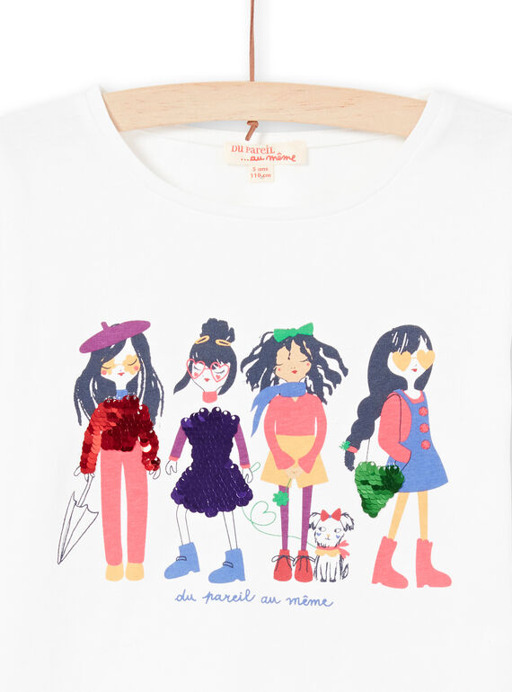 T-shirt con maniche a sbuffo ecrù con stampa squali double face bambina MAMIXTEE4 / 21W901J5TML001